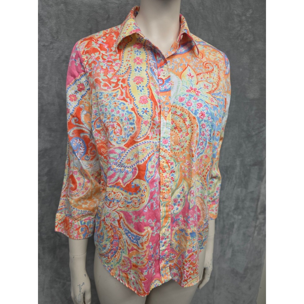 Lauren Ralph Lauren Womens Orange Pink Paisley Cotton 3/4 Sleeve Shirt Medium